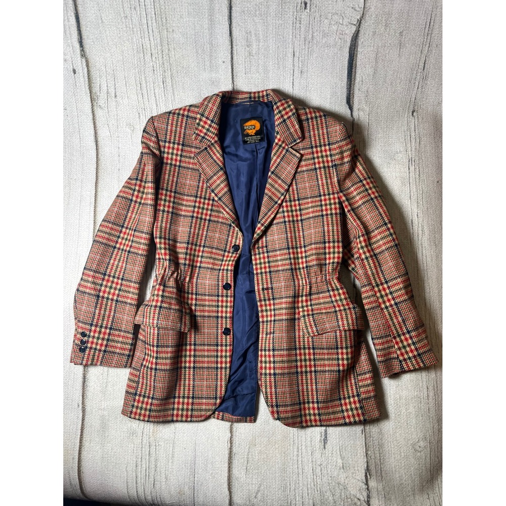 Fox Run Vintage 70s Plaid Blazer Women Medium Tan Red Dark Academia Preppy
